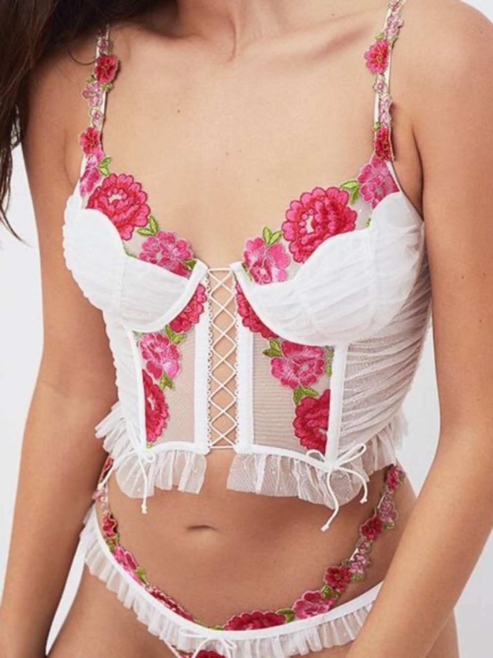 NWT For Love & Lemons White Floral Embroidery Bustier - Mesh Corset Bra Size S